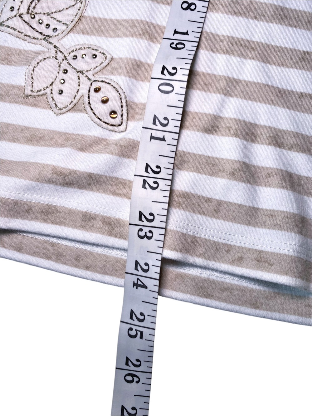 Alfred Dunner Top Size S Tan White Striped Floral Embellished 3/4 Sleeve - Picture 12 of 13